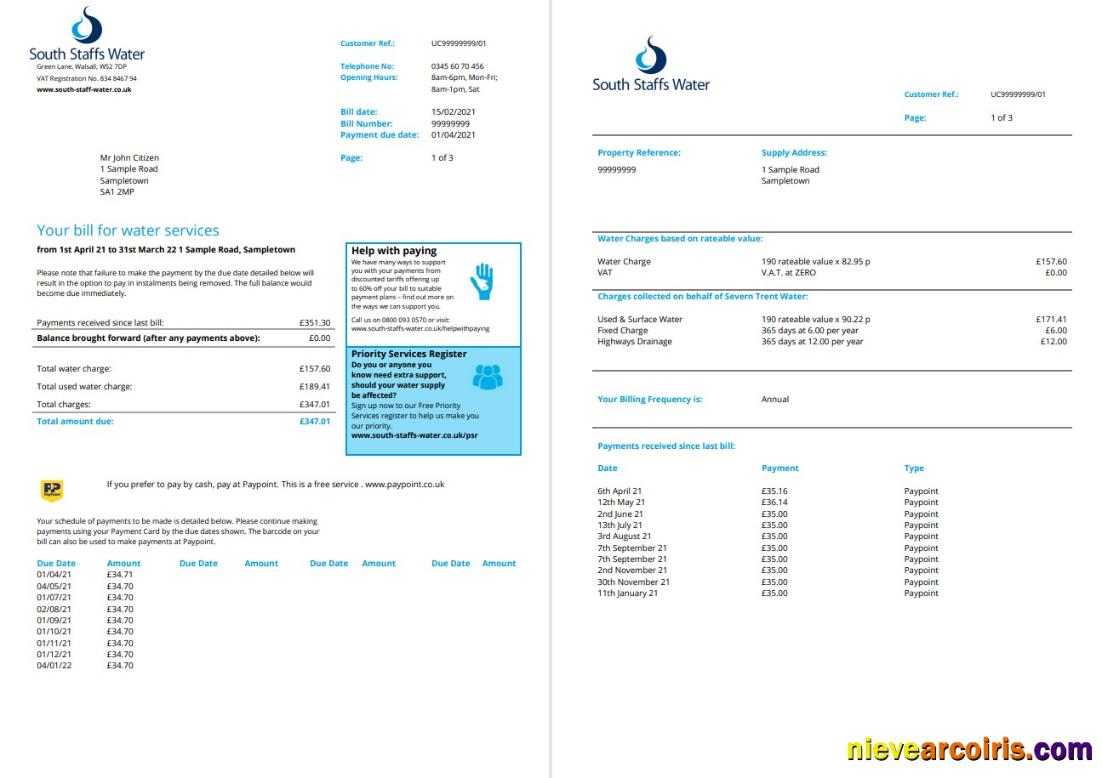 United Kingdom South Staffs Water utility bill 2 pages